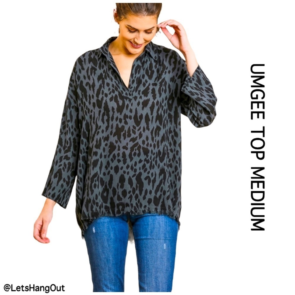 Umgee Medium Animal Print Long Sleeve V-Neck Tunic Closing Closet
